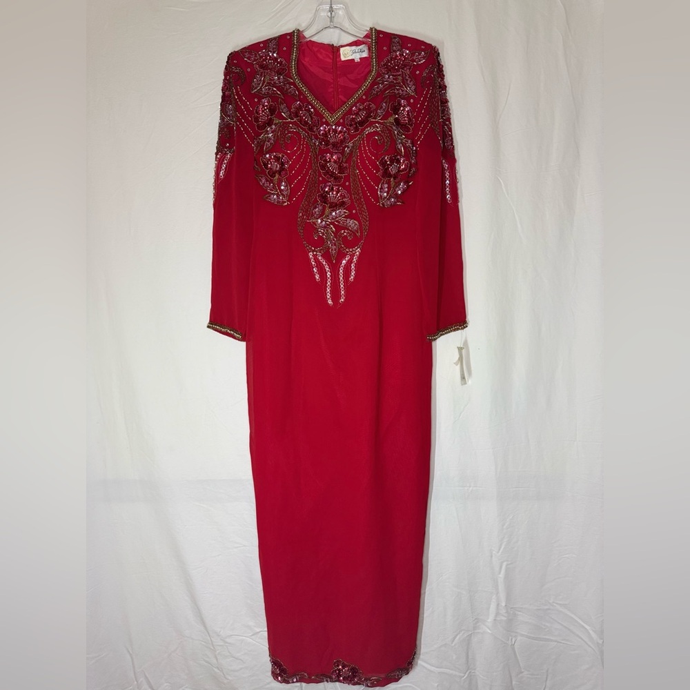 Red Embellished Long Sleeve V-Neck Gown